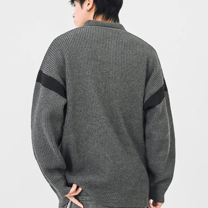 Autumn Winter Polo-Style Colour-Block Knit Sweater Men Effortlessly Stylish Relaxed Fit Loose Collar Top Warm Cosy