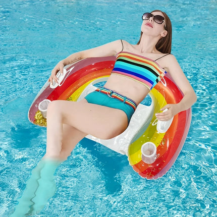 1pc Inflatable U-Shaped Rainbow Glitter Toy ,Water Lounger Sofa, Foldable Floating Bed, Suitable For Pool Party,gift,outdoor