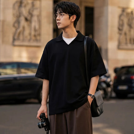 Men's Knitted V-Neck Polo Shirt Retro Solid Short-Sleeved T-Shirt Soft Breathable Loose-Fitting Casual Half-Sleeve T-Shirt