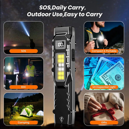 Rechargeable 1500 Lumen Flat Flashlights EDC Tactical Flashlight,Dual-Switches LED Small Flashlight with Digital Display,Stainle