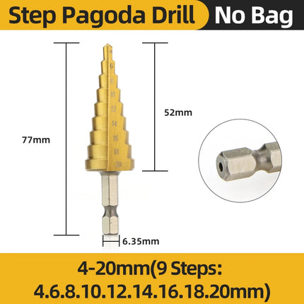 TOOLEYE HSS Titanium Step Drill Bit Stage Drills For Metal Wood High Speed Stepped Drill Set Power Tools 3-12 4-12 4-20 4-32mm
