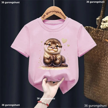 Harajuku Kawaii Kids Clothes Funny Otter Love Flowers Animal Printed T-shirt Girls/Boys Summer Fashion T-shirt Tops