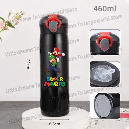 Super Marios Bros 460ml Thermal Cup Men Women Anime Black Straw Bottle Bouncing Lid Portable 304 Stainless Steel Thermo Bottles