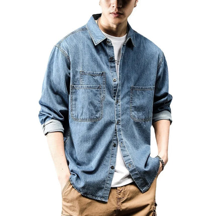 Retro American Style Long Sleeve Denim Workwear Shirt Jacket Men's Fashion Versatile Spring Outerwear Classic Look