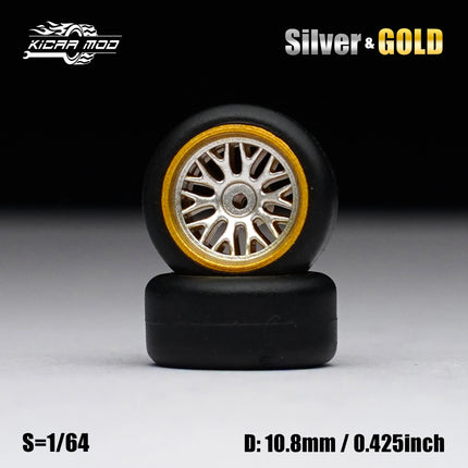 1/64 Model Car Gold and Silver Wheels with Fixed Rubber Tires Comes with Rivets for Diecast Model Refitting Parts for Hot Wheels