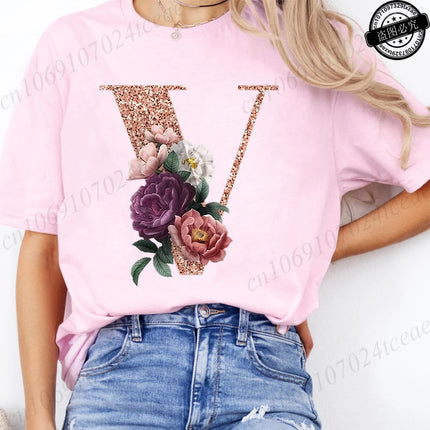 T Shirt for Women Clothing Summer Short Sleeve Tee shirts Rose Gold Letter A~Z Printed Graphic Tops Female T-Shirts Clothing