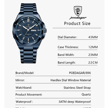 POEDAGAR Top Business Men Wristwatch Stainless Steel Waterproof Luminous Casual Man Watch Date Week Stylish Men's Quartz Watches