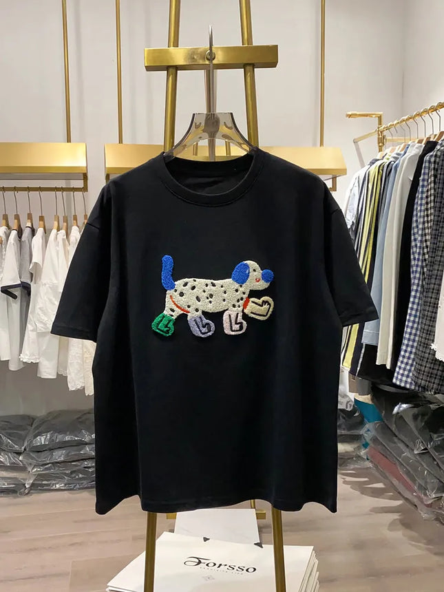 Women T-Shirts Loose Streetwear Unisex Fun Dog Embroidered Short Sleeve Cotton Girl Tees Female Top Summer 2026