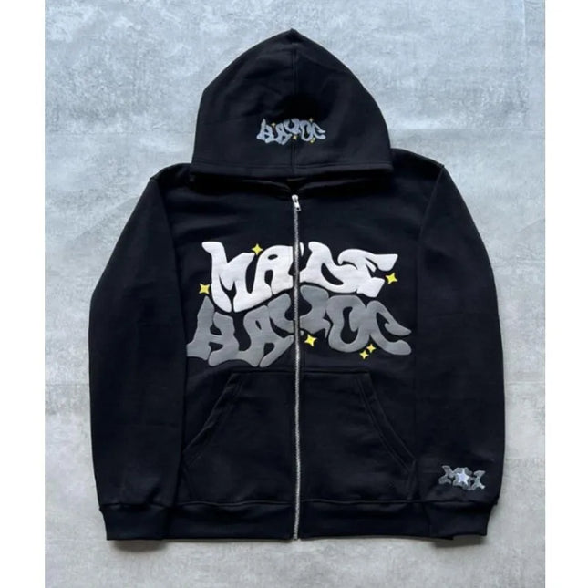 Fashion Retro Star and Letter Printed Zipper Hoodies Women & Men Y2K Spring Autumn Section Lazy Trendy All-match Cardigan Hooded