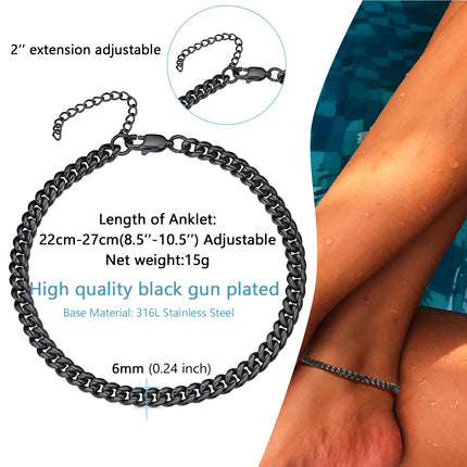 U7 6mm Wide 8.5inches Cuban Link Anklets for Women Adjustable Ankle Bracelets Men Gold Color Black Stainless Steel Jewelry