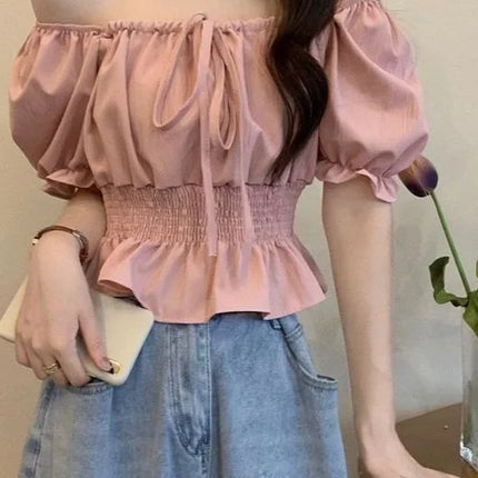 French Style Bubble Sleeve Shirt Women's Short Sweet Sensation Waist Cinched One Shoulder Top Polyester Blend Regular Sleeve