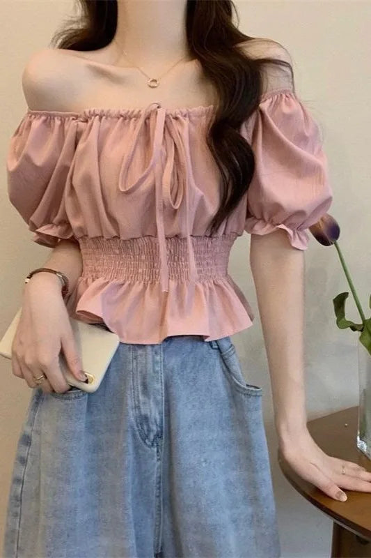 French Style Bubble Sleeve Shirt Women's Short Sweet Sensation Waist Cinched One Shoulder Top Polyester Blend Regular Sleeve