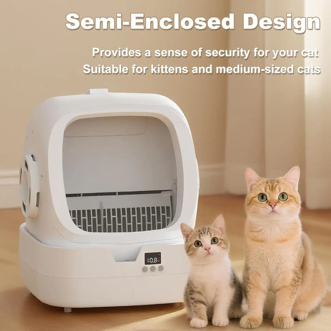 Self-Cleaning Cat Litter Box, APP Control, Weight Monitoring, Ultra-Quiet, Safe for Medium Cats & Kittens, White