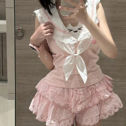 Y2k women clothing stitch arcane Cute Vest Subulture Lace clothes Cartoon Short Sleeve T-shirt Summer Kawaii Sweet Girls Tanks