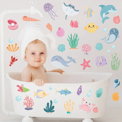 Cartoon Marine Life Wall Stickers for Kids Room Bathroom Wall Tile Decals Octopus Sea Turtle Fish Wall Posters Home Decoration
