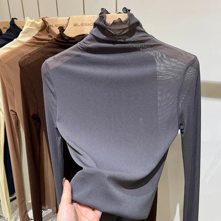 High Neck Sheer Mesh Top Women Clothing Long Sleeve Turtleneck T-shirt Korean Sexy See Through Black White Beige Shirt New