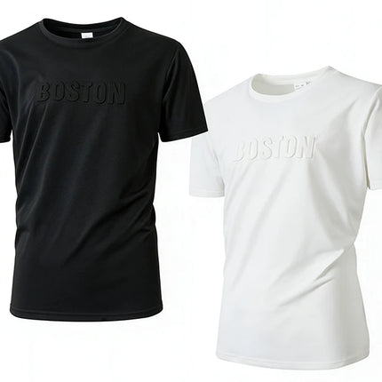 Men Embossed Letter Short Sleeve T Shirt Soft Stretch Regular Fit Versatile Daily Street Vacation Leisure Summer Casual Tops