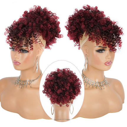 African American Synthetic Afro Puff Drawstring Ponytail Extension with Bangs Heat Resistant Soft Natural Look for Women Daily