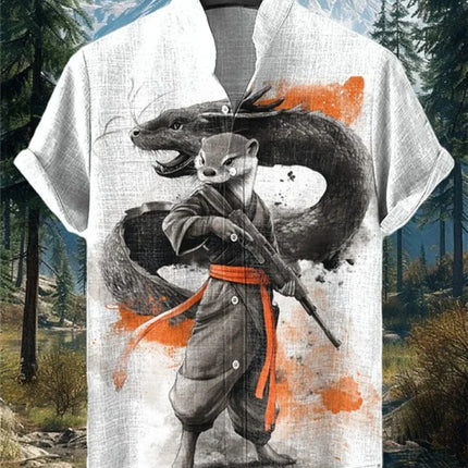 Men's Frog Abstract Print Short Sleeve Linen Shirt Stand up Collar Casual Breathable Top Fashionable Summer Cardigan