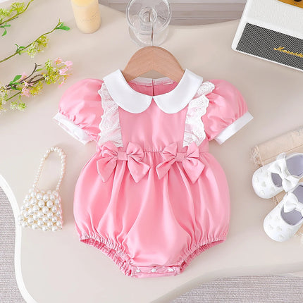 2025 Summer New Bow Solid Color Short-Sleeved Cute and Sweet Jumpsuit