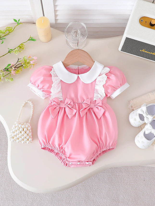 2025 Summer New Bow Solid Color Short-Sleeved Cute and Sweet Jumpsuit