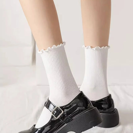 Cotton Socks for Women Girls Ruffle Top Solid Color Spring Autumn Breathable Soft Mid-calf Sock 1 Pair or 2 Pairs