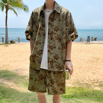 Loose Straight Leg Five-Quarter Beach Pants or Short Sleeve Printed Shirt Beach Travel Men's Fashion Floral Patterned Two-Piece Set