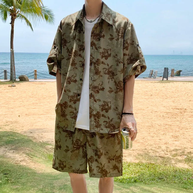 Loose Straight Leg Five-Quarter Beach Pants or Short Sleeve Printed Shirt Beach Travel Men's Fashion Floral Patterned Two-Piece Set