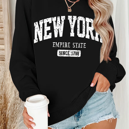 Women's Casual NEW YORK Print Pullover Sweatshirt Geometric Design Long Sleeve Round Neck Machine Washable Regular Fit for Autum