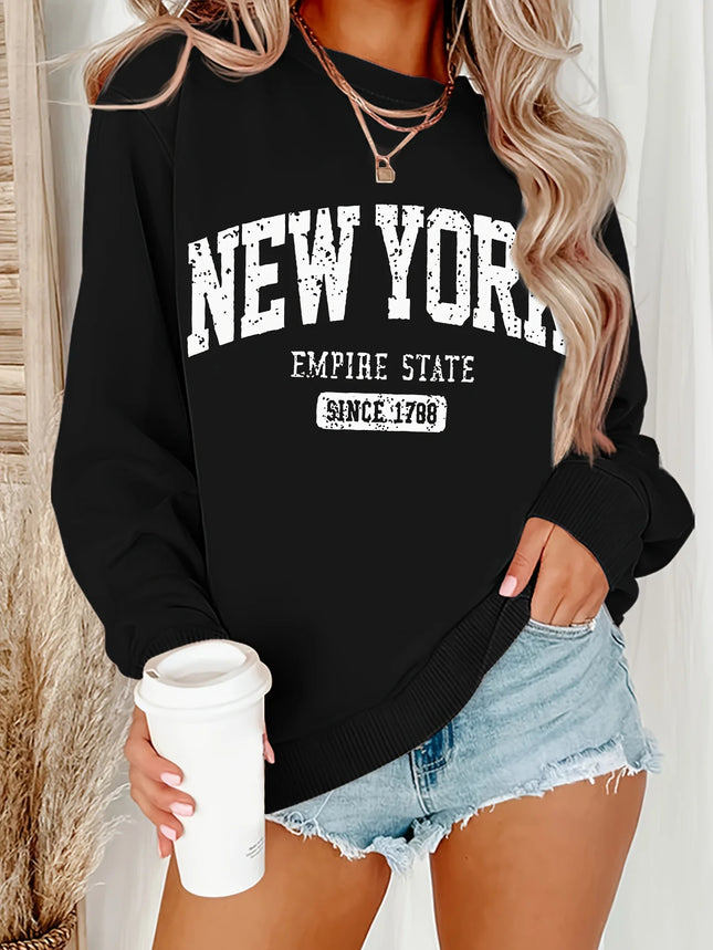 Women's Casual NEW YORK Print Pullover Sweatshirt Geometric Design Long Sleeve Round Neck Machine Washable Regular Fit for Autum