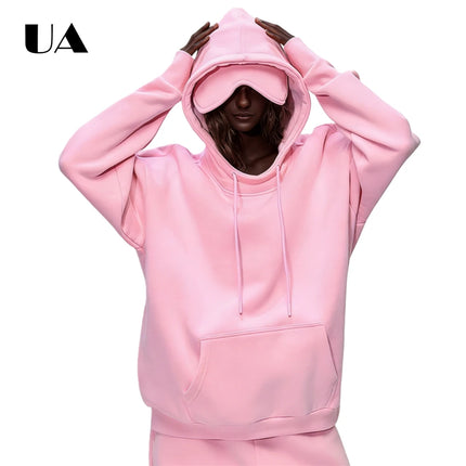 ULBYANRY 2026 Spring New Plush Hoodies with Eye Mask Trendy Hooded Sweathshirt Warm Cozy Commuting Unisex Loose Fit Sweatshirt