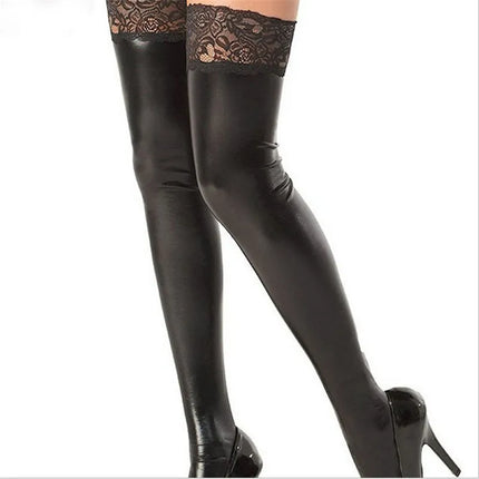 Women PU Leather Lace Stockings Imitation Sexy Wetlook Black Lingerie Hot Erotic Fetish Clubwear Costumes  bodysuit