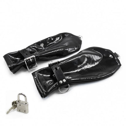 Sexy Fetish Costumes of Black Soft Faux Leather Fist Gloves with Locks Restraint and Chain for Men Women Role Play Exotic Appeal