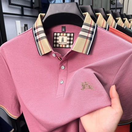 High-end luxury brand men's short-sleeve polo shirt, summer breathable cotton plaid lapel top, fashion embroidered casual T-shirt