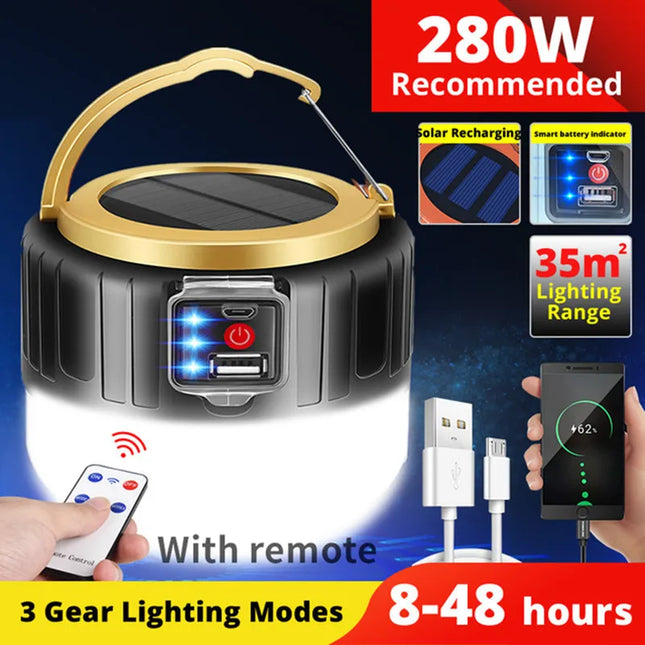 280 Watts Solar LED Camping Light USB Rechargeable Bulb For Outdoor Tent Lamp Portable Lanterns Emergency Lights For BBQ Hiking
