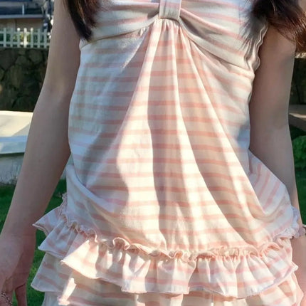 Sweet Stripe Strap Vest Early Taste Girl Feeling Lace Knot Hemline Upper Apparel Japanese Style Women's Loose Fit Top