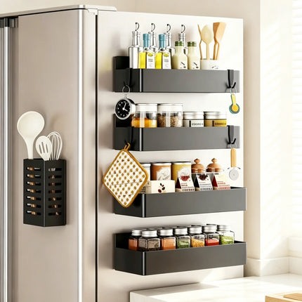 2 Pack Magnetic Spice Rack for Refrigerator Kitchen Magnetic Fridge Shelf Black No Drill Spice Food Organizer Black Jar Holder