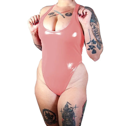 Sexy Sleeveless Bodysuits for Women Wet PVC Leather Deep U-Neck Racerback Tank Tops Body Suit Shiny Raves Party Club Rompers 7XL