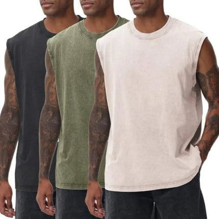 230g Pure Cotton European and American High Street Retro Washed Distressed Sleeveless Vest Men's Casual Loose Shoulder T-shirt