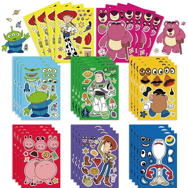 16Sheets Disney Toy Story Puzzle Stickers Game Make a Face Children DIY Toys Secret for Bottle Travel Bag Aesthetic Decals