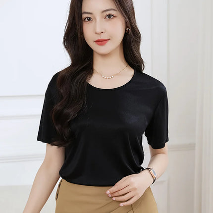 Summer High-End Women's Short Sleeve T-Shirt Acetate Fabric Knitted European Style Thin Hot Selling Top for Ladies