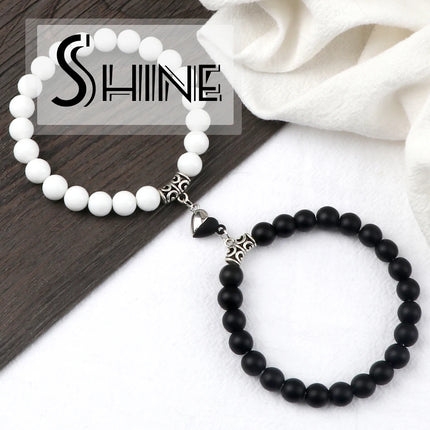 2Pcs/Set Sliver Black Color Magnet Pendant Bracelets 6MM 8MM White Porcelain Black Line Beads Couple Bracelet Jewelry Gift New