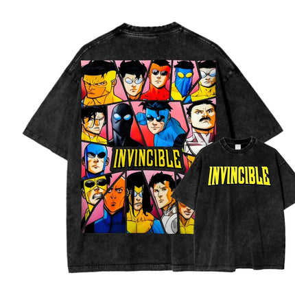 Superhero Anime Invincible Graphic Print Washed T-shirt Men Women New Fashion O-neck Cotton Tee Streetwear Hip Hop Oversized Top