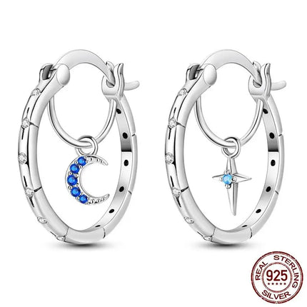 Luminous Shell Women Earrings Original 925 Sterling Silver Pave CZ Star Moon Hoop Earrings Engagement Wedding Jewelry