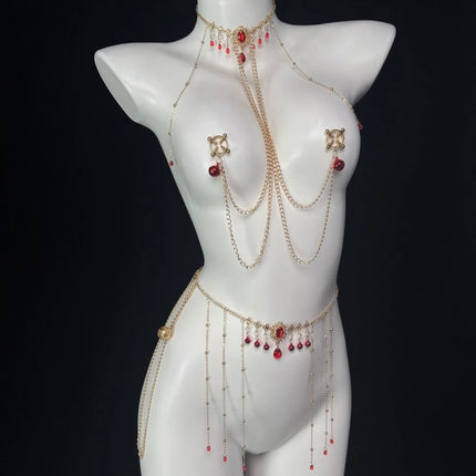 Red Gem Nipple Clamps Body Chain Integrated Breast Clips Bell Pendants Sensual Body Restraint Sexy Accessories Adult Sex Toys