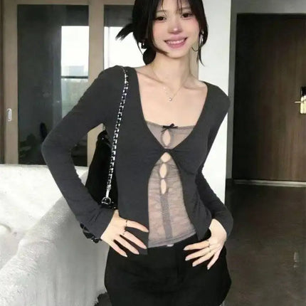Korean Fashion Elegant Patchwork Lace Tops Slim Casual Long Sleeve Blouse 2000s American Vintage Sweet Pullover Chic