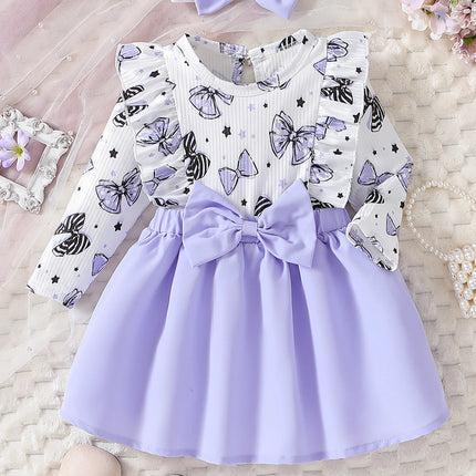 Baby girl cute cartoon bow pattern in spring and autumn, round neck long sleeved ruffle edge fake two-piece spliced dress and he