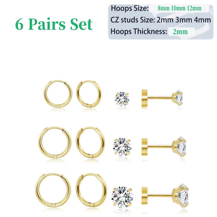 6 Pairs Earrings Sets for Multiple Piercing Small Huggie Hoop Earrings Flat Back Tiny Ball CZ Opal Pearl Stud Earrings for Women