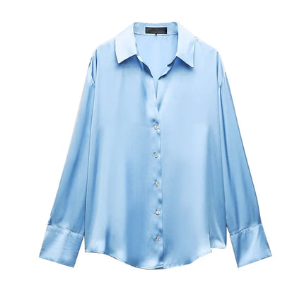 Classic Silk Satin Feel Shirt New Spring Collection Long Sleeve Polyester Fabric Women's Premium Fashion Regular Length