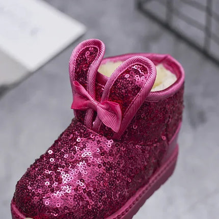 Girls Snow Boots Bunny Ear Bowtie Sequins Cute Winter Warm Ankle Boots Princess Toddler Non-slip Fashion Kids Boot Glitter Bling